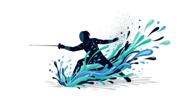 Dynamic fencing splash with abstract water elements in energetic silhouette style