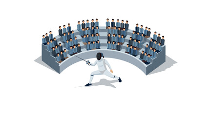Fencer competing in front of spectators in an isometric arena
