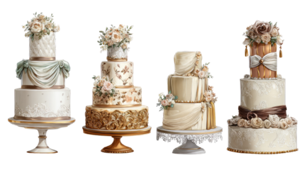 Collection of wedding cakes with elegant designs isolated on white background for celebration, dessert display, and bakery concept