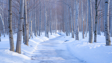 A serene winter path winds through a snow covered forest with tall bare trees lining the way creating a peaceful natural landscape First Day of Winter