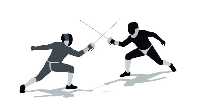 Dynamic fencing duel: two fencers engaged in intense sparring match