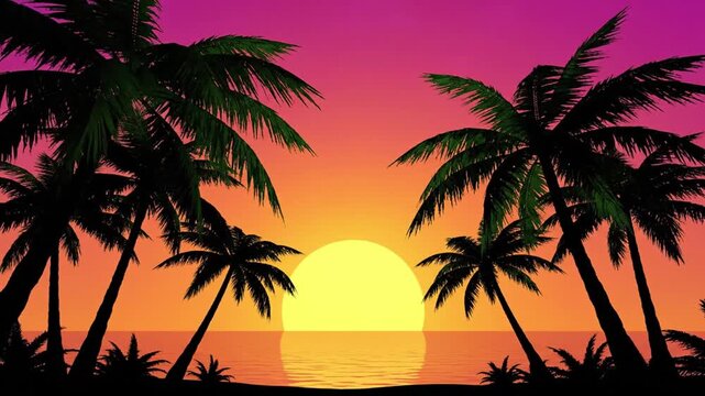 Vibrant tropical sunset silhouette featuring palm trees over calm ocean water with a bright yellow sun