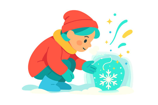 Enchanted Snowflake Discovery. Frosty magic. Child crouches in snow, discovering a radiant snowflake, small