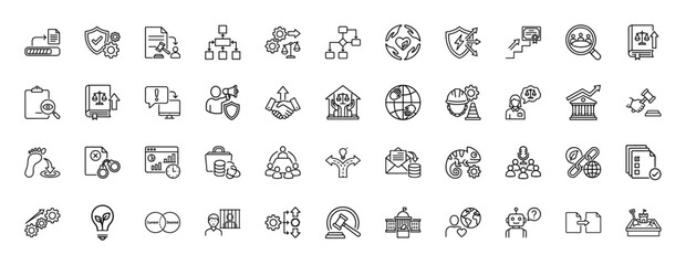 Law and justice line icon set. Vector pictograms of legal documents, security shields, handshake, gavel, and court building, thin outline illustration.