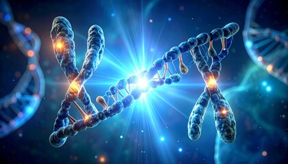 Glowing blue DNA double helix floating in cosmic space with stars and nebulous clouds.
