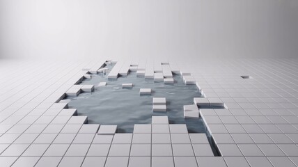 Abstract image of white floor tiles breaking apart and floating in a pool of water, symbolizing digital disruption or data loss.