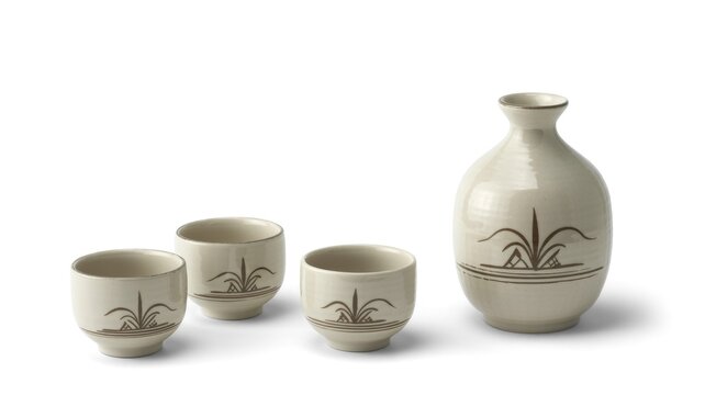 Elegant off-white ceramic sake set with one tokkuri bottle and three choko cups, featuring a subtle, stylized plant motif design.
