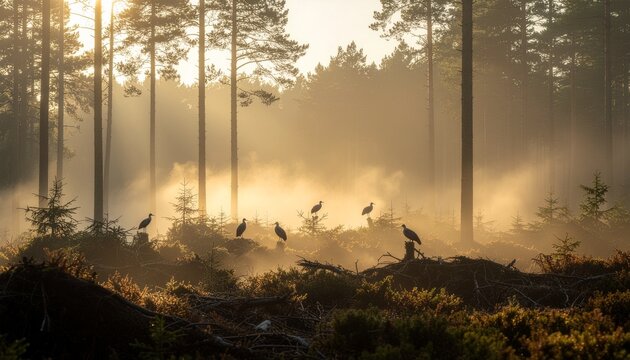 A group of endangered birds perched on remaining trees in partially cleared forest