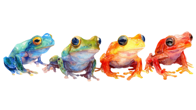 Whimsical watercolor illustration of colorful frogs in playful poses isolated on white background for artistic and nature concept