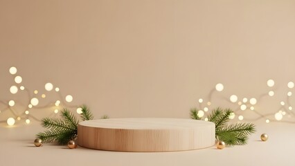 Minimalist wooden podium display with festive pine branches and warm string lights for holiday product presentation