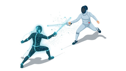Fototapeta premium Fencing duel: digital meets traditional in futuristic combat art