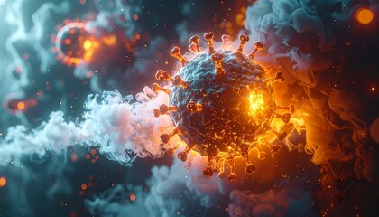 SARS-CoV-2 virus with spike proteins surrounded by swirling orange-red vapor on dark background.