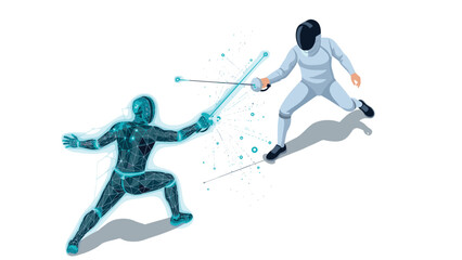 Obraz premium Futuristic digital duel: holographic figure battles traditional fencer in a dramatic standoff