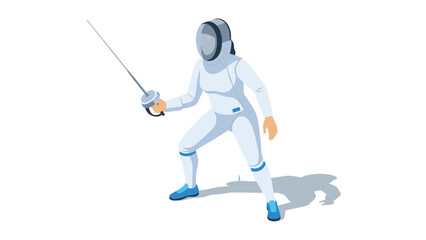 Obraz premium Fencing athlete in full gear posing with sword in isometric style