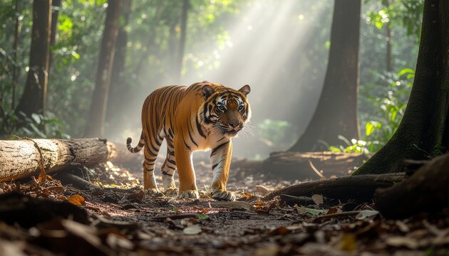 A Sumatran tiger cautiously walking on barren forest ground - Powered by Adobe