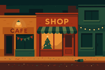 Retro Festive Cityscape. After hours festive city minimalist flat illustration of geometric storefronts with