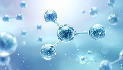 Stylized molecular chain of colored atoms with rods in glowing blue scientific background.