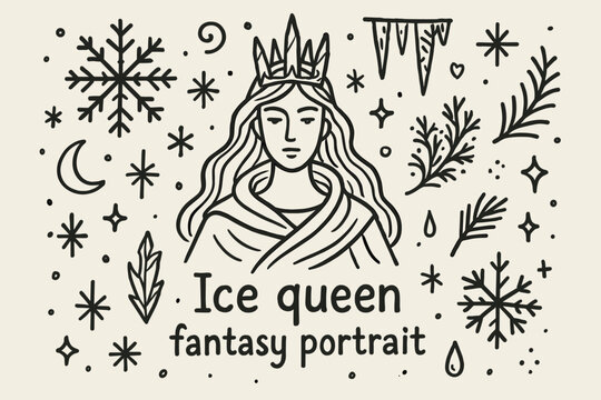 Ice Queen Fantasy. Ice queen fantasy portrait. Hand-drawn doodle illustration of Ice queen fantasy portrait.