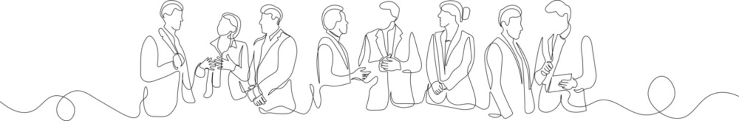 Business Team Discussion Before a Meeting. Continuous Line Illustration of Professional Networking, Corporate Communication, and Collaboration