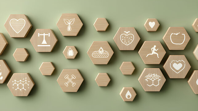 Holistic Wellness Concept. Wooden hexagonal blocks arranged on pastel green background with white icons; wellness and healthy living, including mental health, nutrition, exercise and community. 