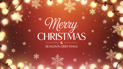 Merry christmas and season's greetings text with snowflakes and string lights on red background