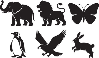 Black silhouette icons of elephant lion butterfly penguin eagle rabbit on white background vector