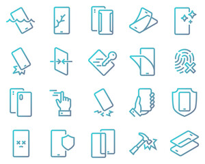 Simple Smartphone Protection Set Related Vector Line Icons. Contains icons such as Screen Protector, Delicate Touch, Tempered Glass and more.	