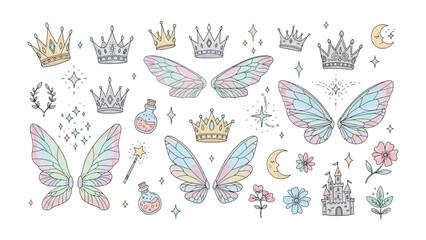 Fairytale Fantasy Elements: A whimsical assortment of crowns, delicate wings, enchanting wands, and celestial moons, evoke a sense of fairytale dreams.