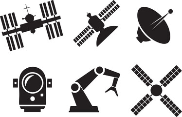 Black silhouette icons of space station satellite robotic arm and astronaut helmet vector