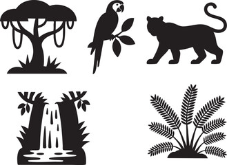 Black Silhouette Jungle Elements Tree Parrot Jaguar Waterfall Fern Plant nature animal
