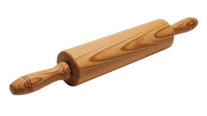 Wooden rolling pin isolated PNG on transparent background, kitchen utensil for baking and cooking dough preparation
