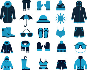 seasonal clothing vector icons collection featuring winter and summer apparel designed for fashion apps, retail branding and lifestyle visuals.
