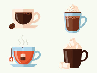 Four different hot beverages illustrated in a flat design style