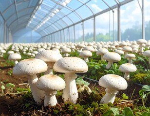 Abundance of fresh white button mushrooms growing in a large greenhouse farm