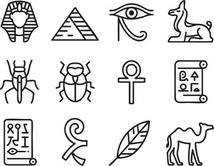 Collection of minimalist black line art icons depicting ancient Egyptian symbols and animals pharaoh