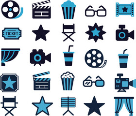 movie night elements vector illustration of popcorn, film reel, clapperboard and tickets ideal for cinema promotions and entertainment graphics.