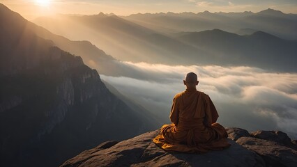 Fototapeta premium Monk sitting on mountain rock observing sunrise over foggy valley and distant peaks in serene morning light Generative AI