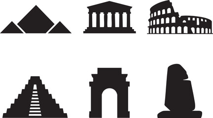 Six black silhouette graphic elements of famous landmarks and ancient structures pyramid egypt
