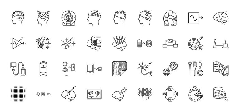 Neuroscience and bionics line icon set. Vector pictograms of brain, chip, electrode, neuron, and signal, thin outline illustration.