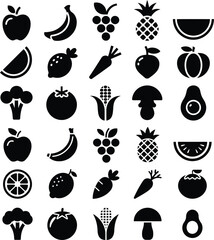 fruits and vegetables icons vector set highlighting healthy food elements perfect for nutrition guides, organic branding and grocery design themes.