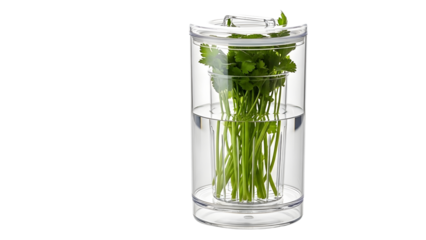 Clear glass vase with green stems and leaves against 