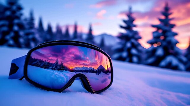 ski goggles with winter landscape during sunset.