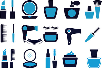 beauty products vector set including cosmetics, brushes and skincare tools ideal for makeup branding, salon visuals and beauty marketing.