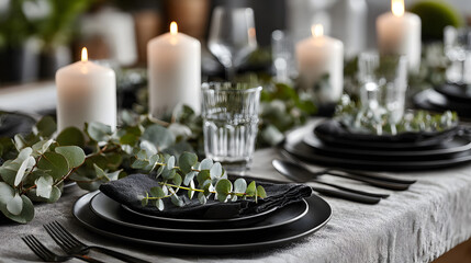 A table with a black tablecloth and a white candle in the middle