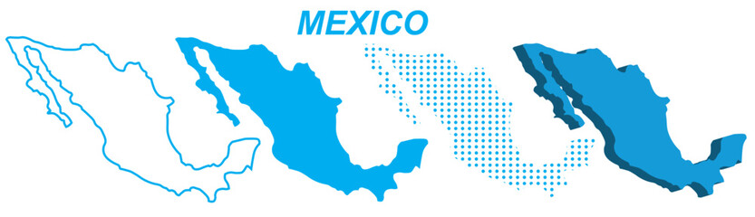 Mexico Map Vector Set, North America Outline Silhouette Dotted 3D Solid Shapes, Mexico Country Infographic Template, Editable EPS Mexico Geography