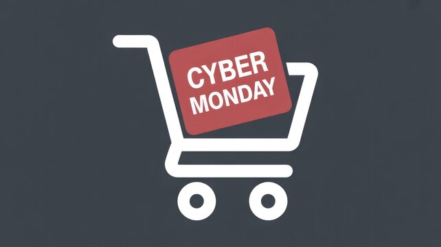 Cyber Monday sales concept: a minimalist shopping cart containing a red sign with 'CYBER MONDAY' text. - Powered by Adobe