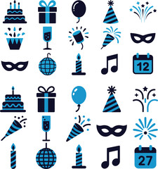 celebration party icons vector set with birthday and new year elements ideal for event design, festive graphics and joyful seasonal artwork.