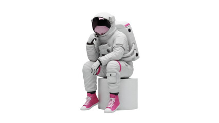 Pensive astronaut in pink sneakers sitting isolated PNG, spaceman thinking about space exploration and future of humanity on transparent background