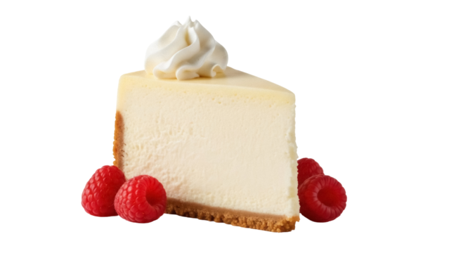 Delicious cheesecake slice with whipped cream and raspberries isolated PNG, dessert for cafe menu and sweet treat designs