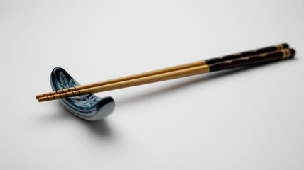 A pair of elegant bamboo chopsticks with decorated dark ends, resting neatly on a blue and white patterned ceramic holder against a clean white background.